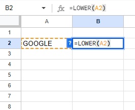 B2セルに「=LOWER(A2)」と入力