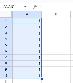 単体セルのみを指定すると、同じ数字が連続入力される