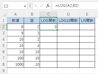 C2セルにLOG関数を使用して対数を求めることができた