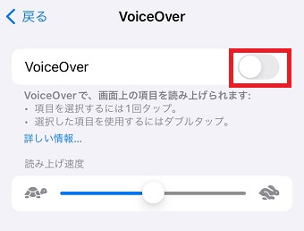 「VoiceOver」をタップしてオンにする