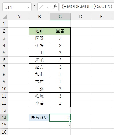 複数の最頻値結果が正しく出力された