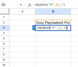 B3セルに「=SEARCH("P",B2,7)」と入力