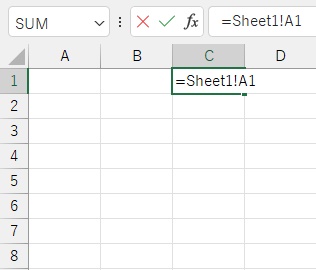 Sheet2のC1セルに「=Sheet1!A1」と入力