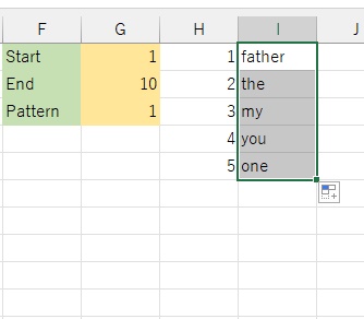 I1セルのカーソルのフィルハンドルをH列の問題数に合わせてドラッグ