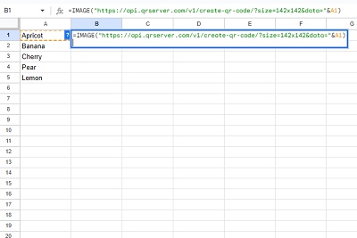 B1セルに、「=IMAGE("https://api.qrserver.com/v1/create-qr-code/?size=142x142&data="&A1)」と入力