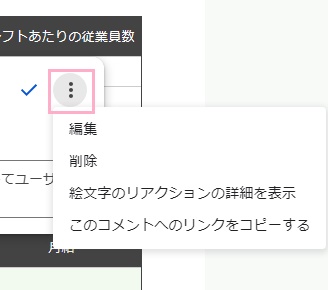 メニューボタンをクリックすると、「編集」・「削除」・「絵文字のリアクションの詳細を表示」・「このコメントへのリンクをコピーする」のいずれかの操作が可能