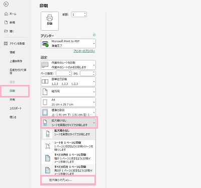 「印刷」をクリック→「シートを1ページに印刷」プルダウンメニュー内の「拡大縮小オプション」をクリック