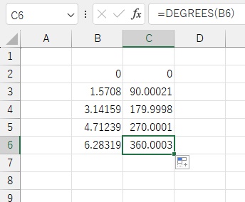 C3セルからそれぞれ90度・180度・270度・360度を求めることができた