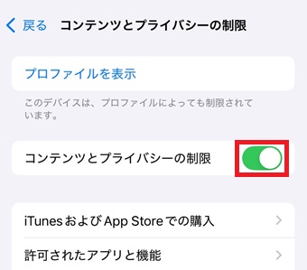『コンテンツとプライバシーの制限』をオンにする