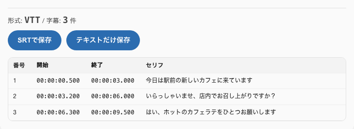 VTTを読み込むと字幕の一覧と「SRTで保存」のボタンが表示される