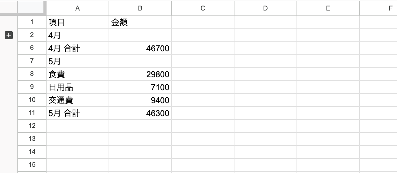 3〜5行目が折りたたまれ、ボタンが「+」に変わった