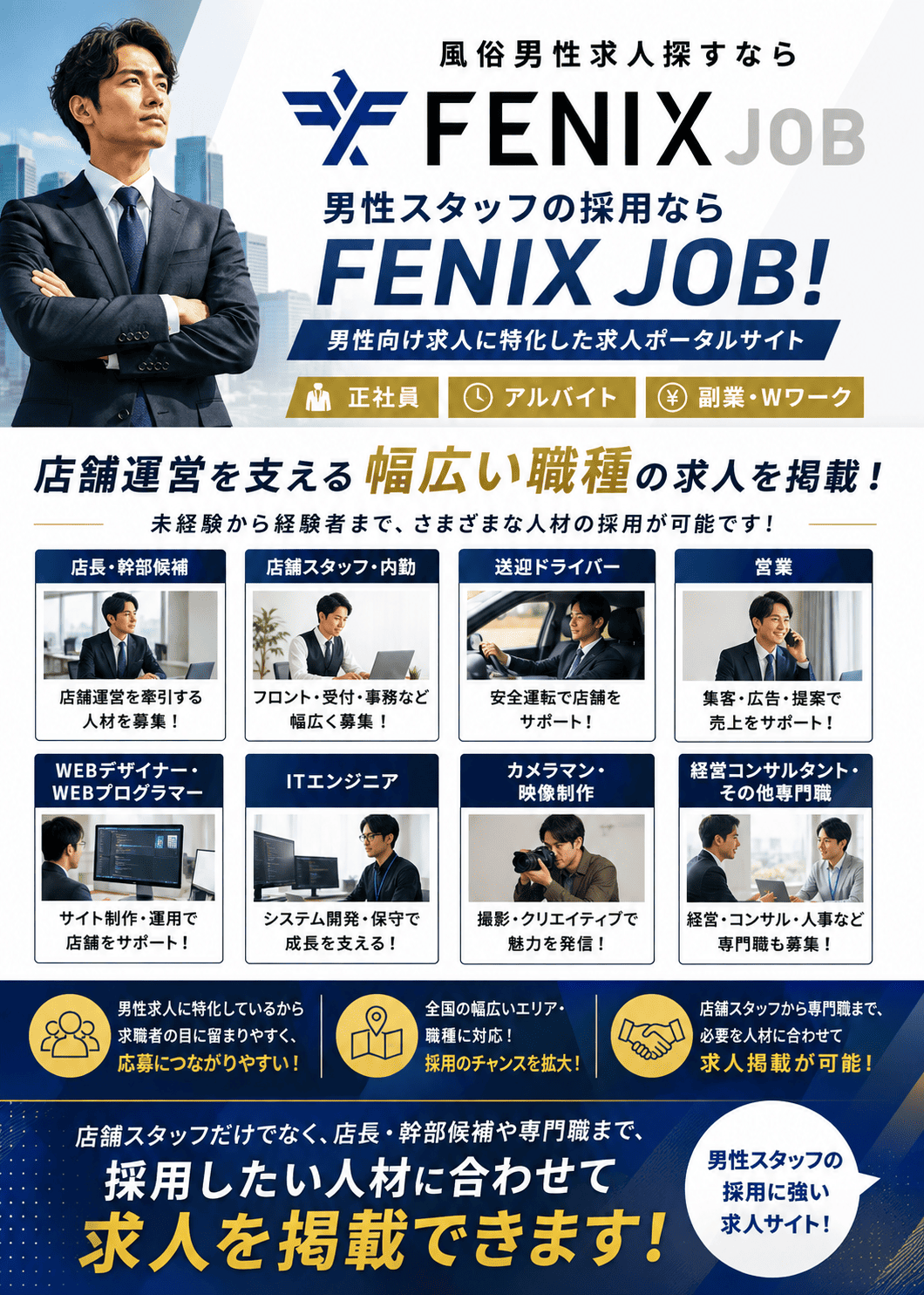 FENIX JOBの全国対応と求人検索機能を紹介する画像。勤務地、職種、給与、こだわり条件などから求職者が希望に合った男性求人を探せることを訴求