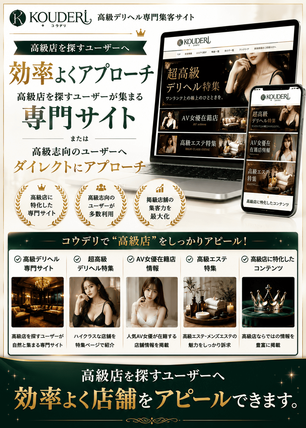 コウデリは高級デリヘル専門の集客媒体です。高級店を探すユーザーへ効率よくアプローチでき、超高級デリヘルやAV女優在籍店など高級店向けコンテンツを掲載しています。