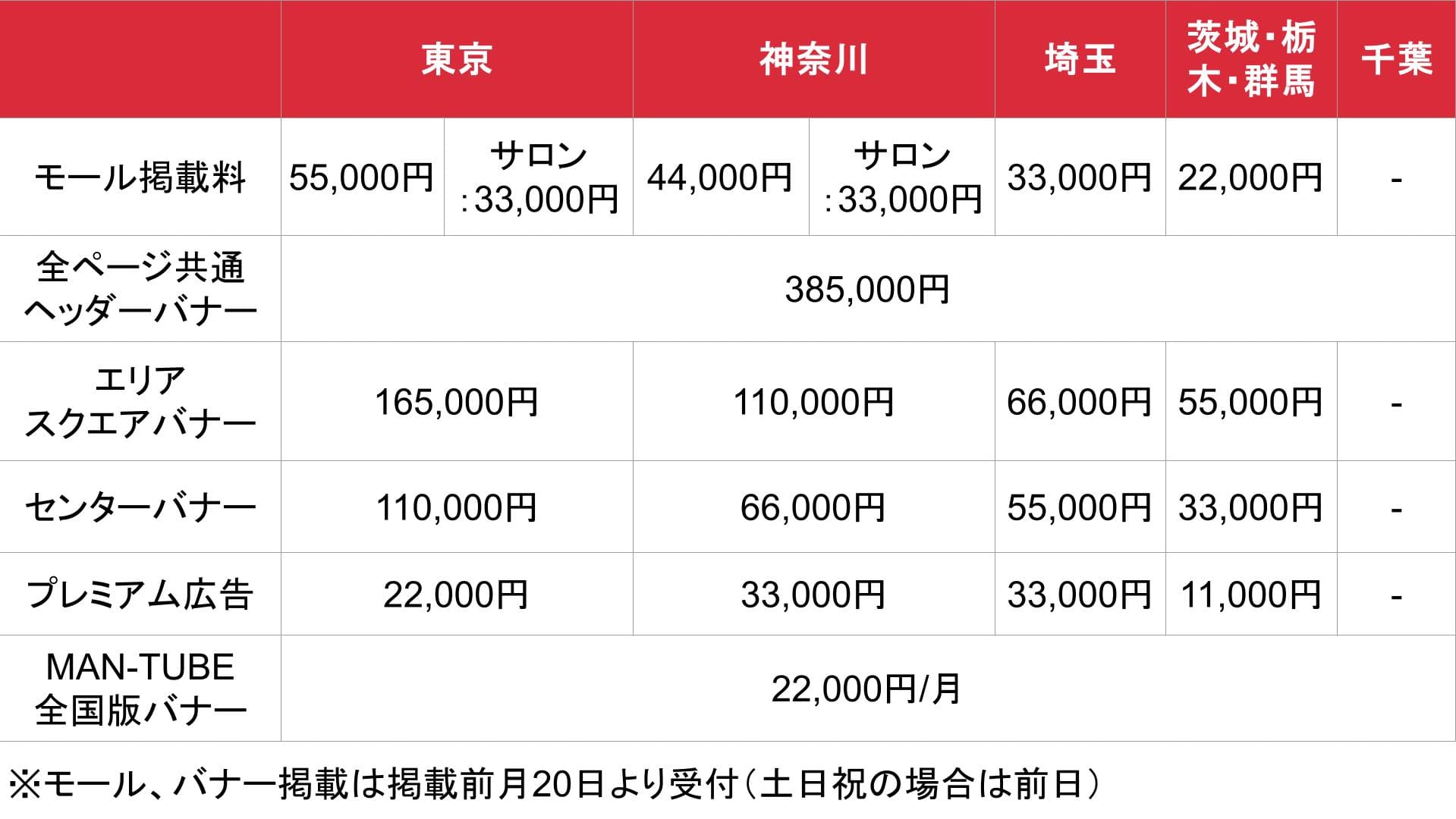 MAN-ZOKU（マンゾク）_関東_料金表
