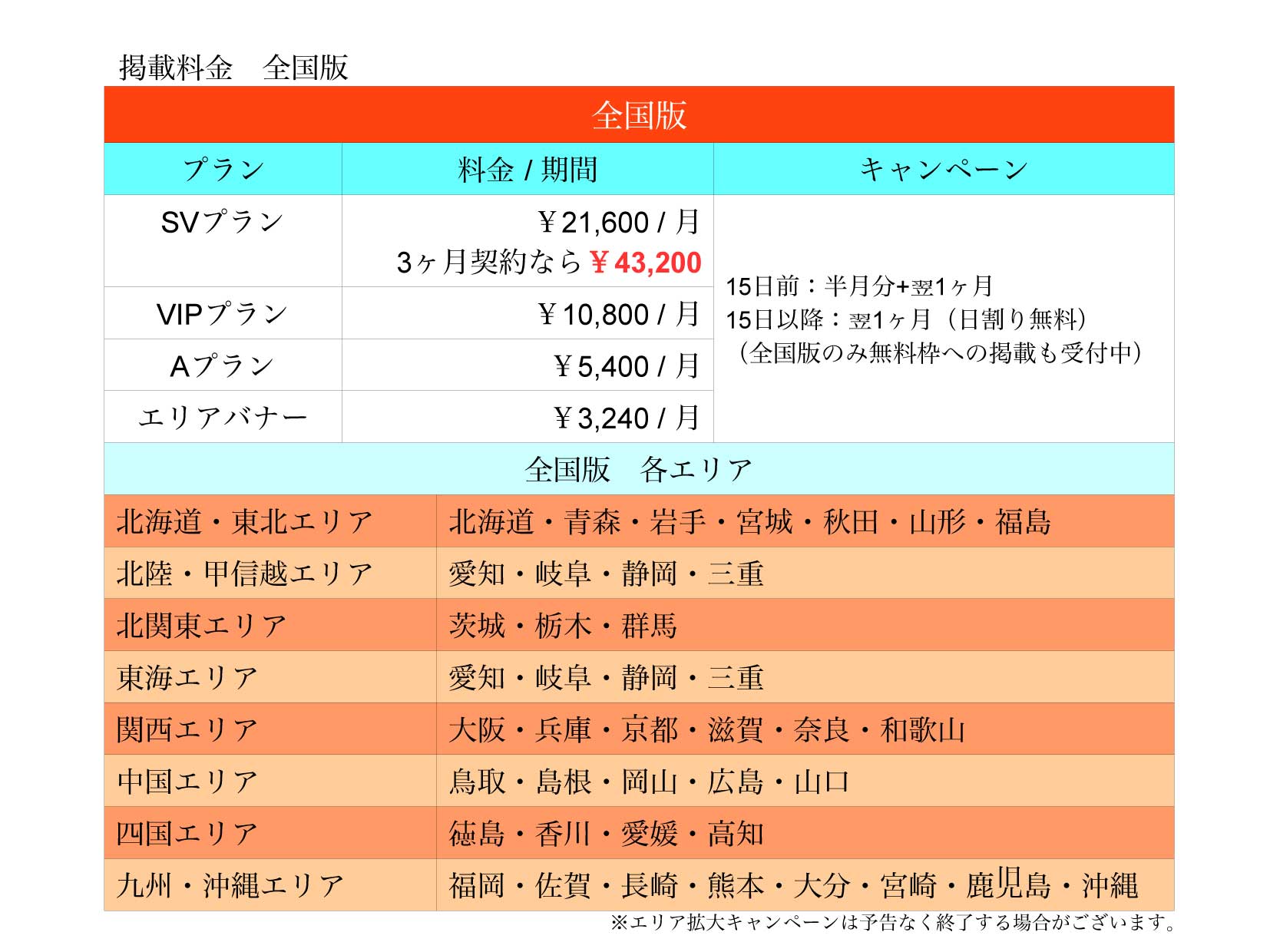 料金一覧表(全国版)