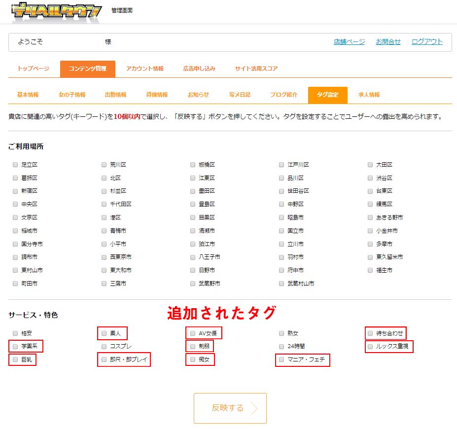 デリヘルタウン管理画面(タグ設定ページ見本)