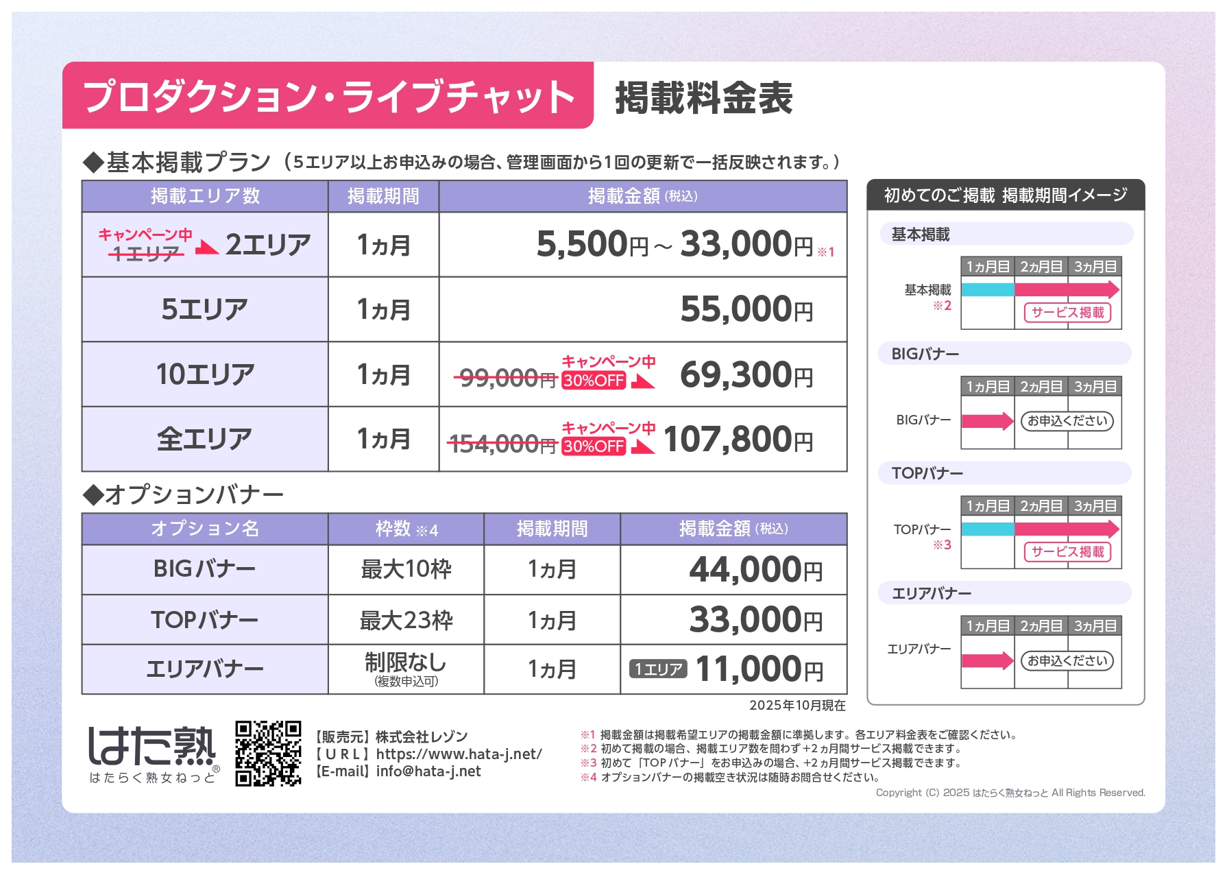 【はたらく熟女ねっと】プロダクション・ライブチャット料金表