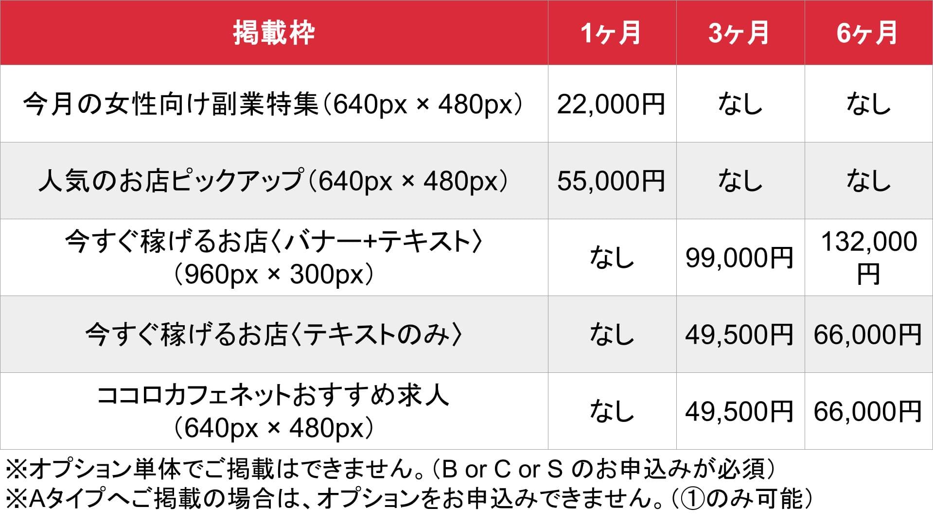 ココロカフェネット_オプション_料金表