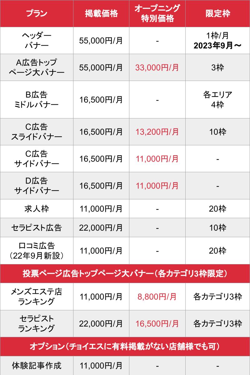 チョイエス_東海・福岡エリア料金表