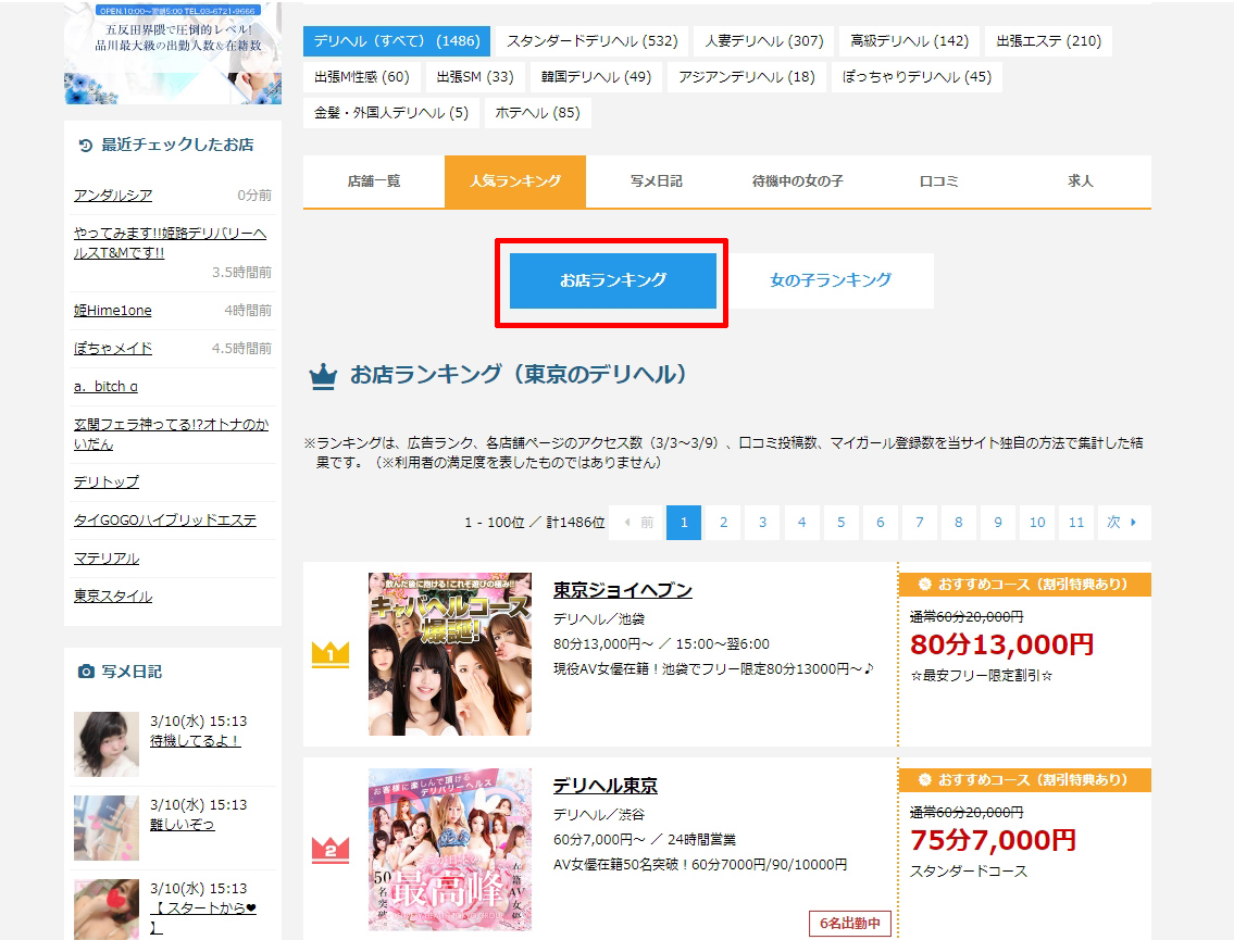 【デリヘルタウン】お店人気ランキングページの参考