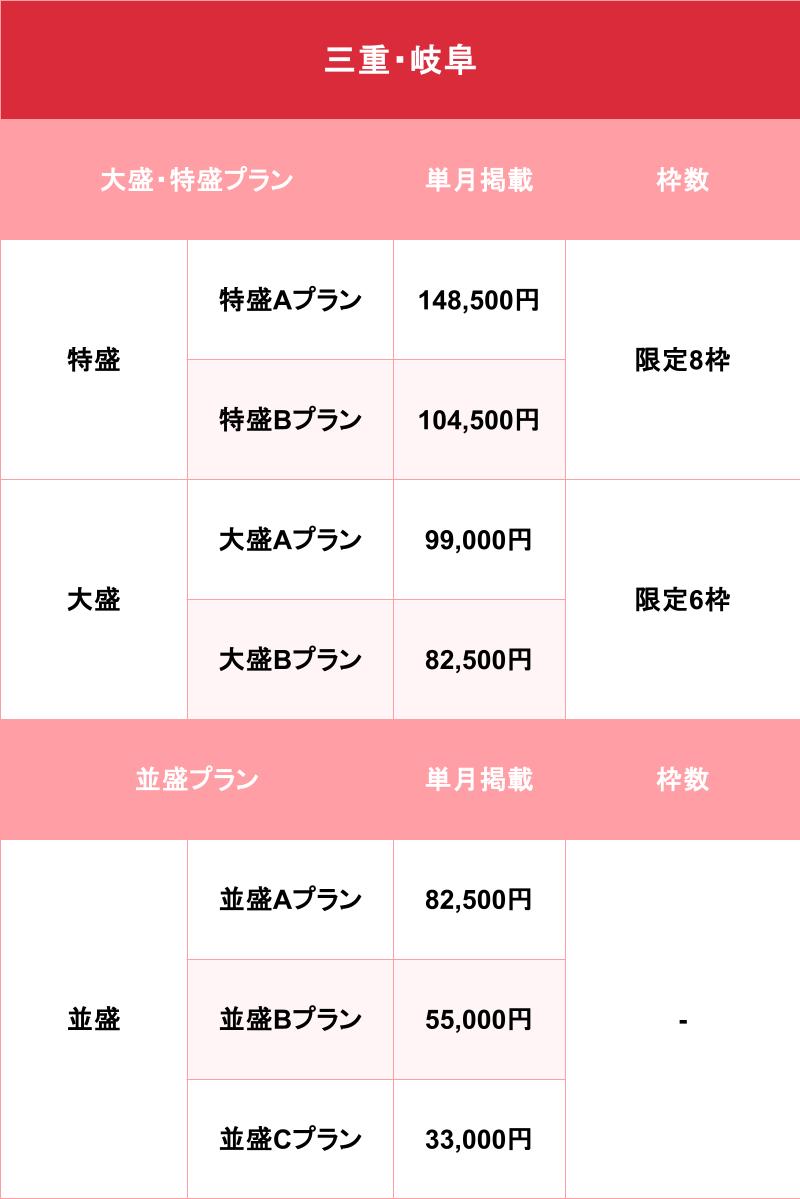 バニラ_三重・岐阜_料金表