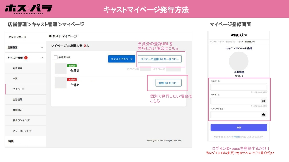 キャストマイページの発行方法