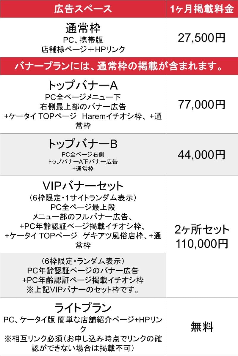 東京ハァレム_基本_料金表