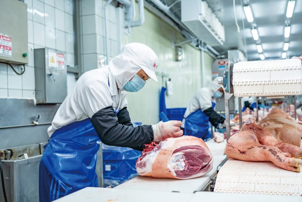 分切人員正專注於將豬後腿肉去骨。