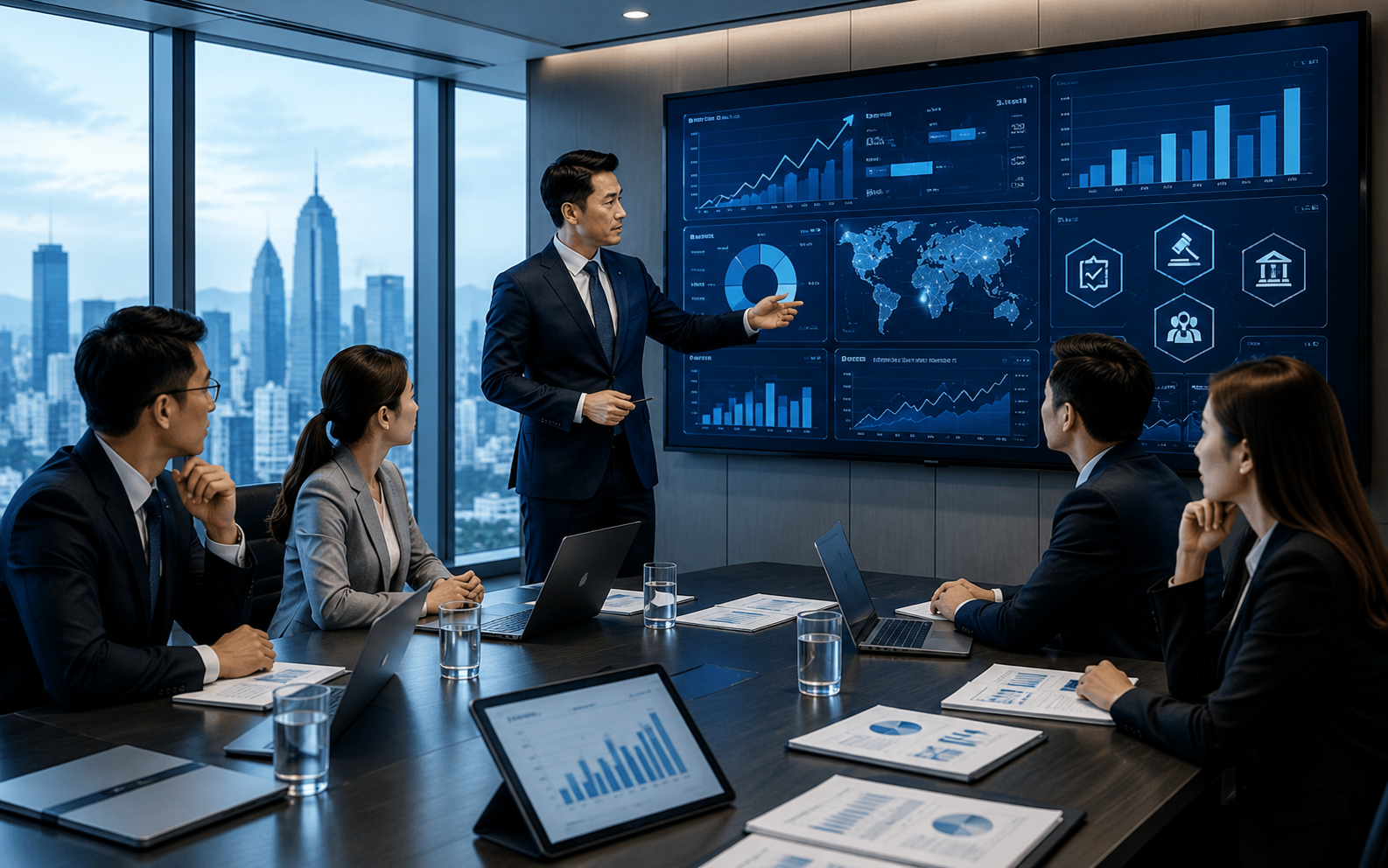 企業高階主管透過 ERP 系統分析營運數據與內控儀表板，強化企業治理、IPO 準備與審計合規管理。