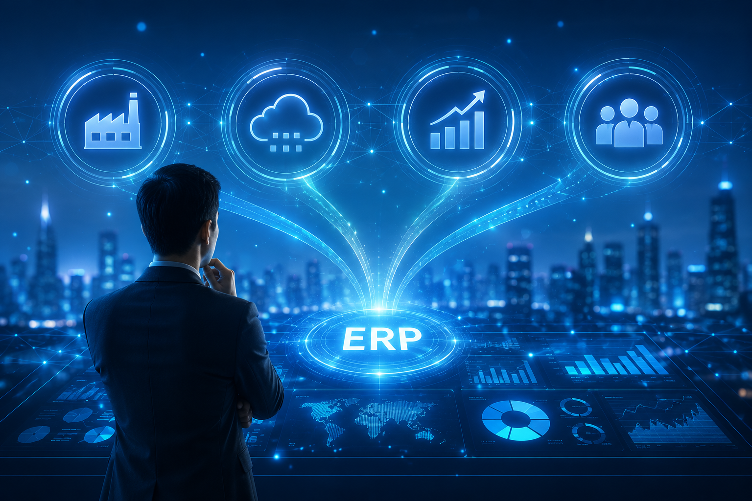 企業管理者透過 ERP 系統整合營運數據、流程管理與商業分析，協助企業評估最適合的 ERP 解決方案。