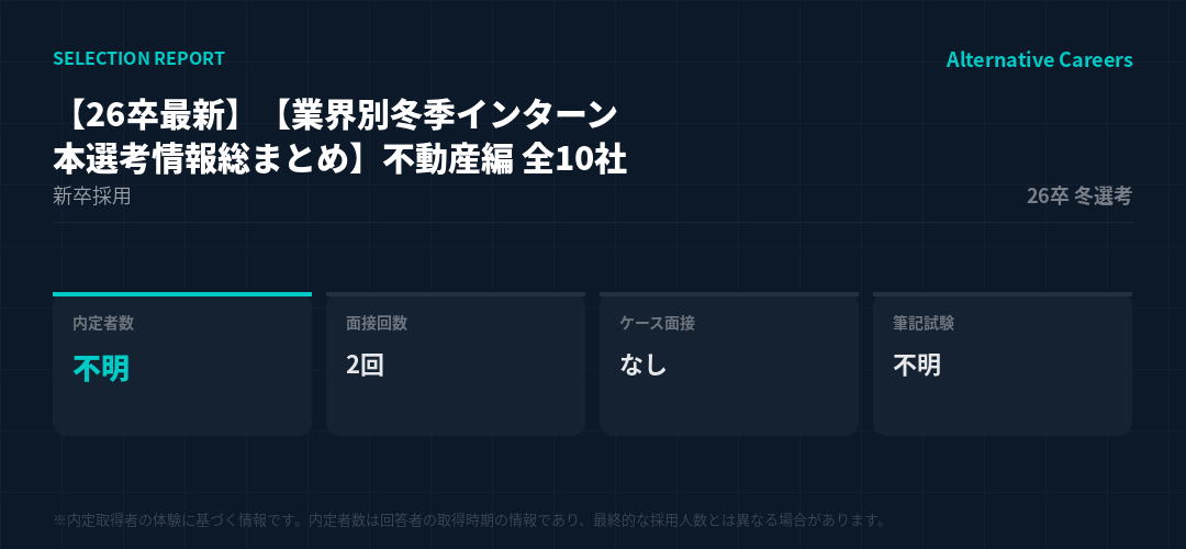 【26卒最新】【業界別冬季インターン・本選考情報総まとめ】不動産編 全10社 26卒冬選考 選考データ。内定者数不明、面接2回、ケース面接なし、筆記試験不明