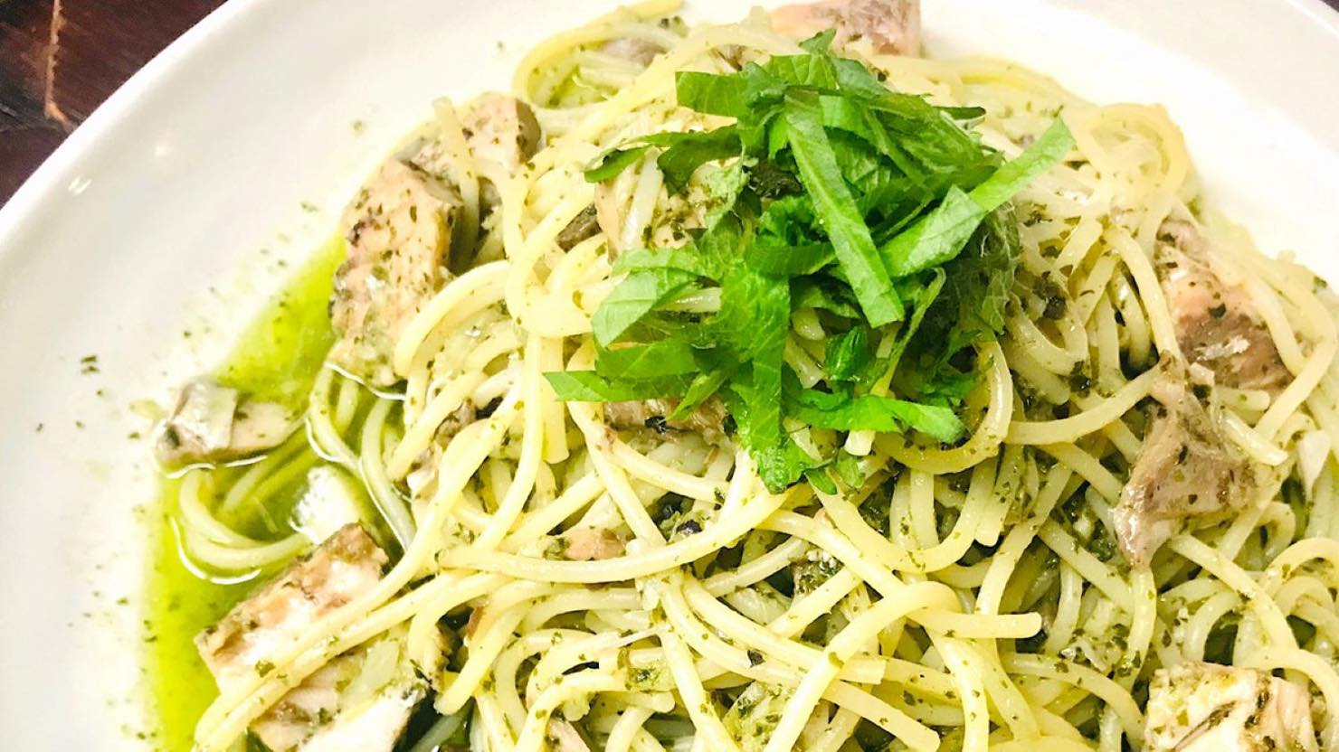 青じそのジェノベーゼ風ペーストを使ったパスタ