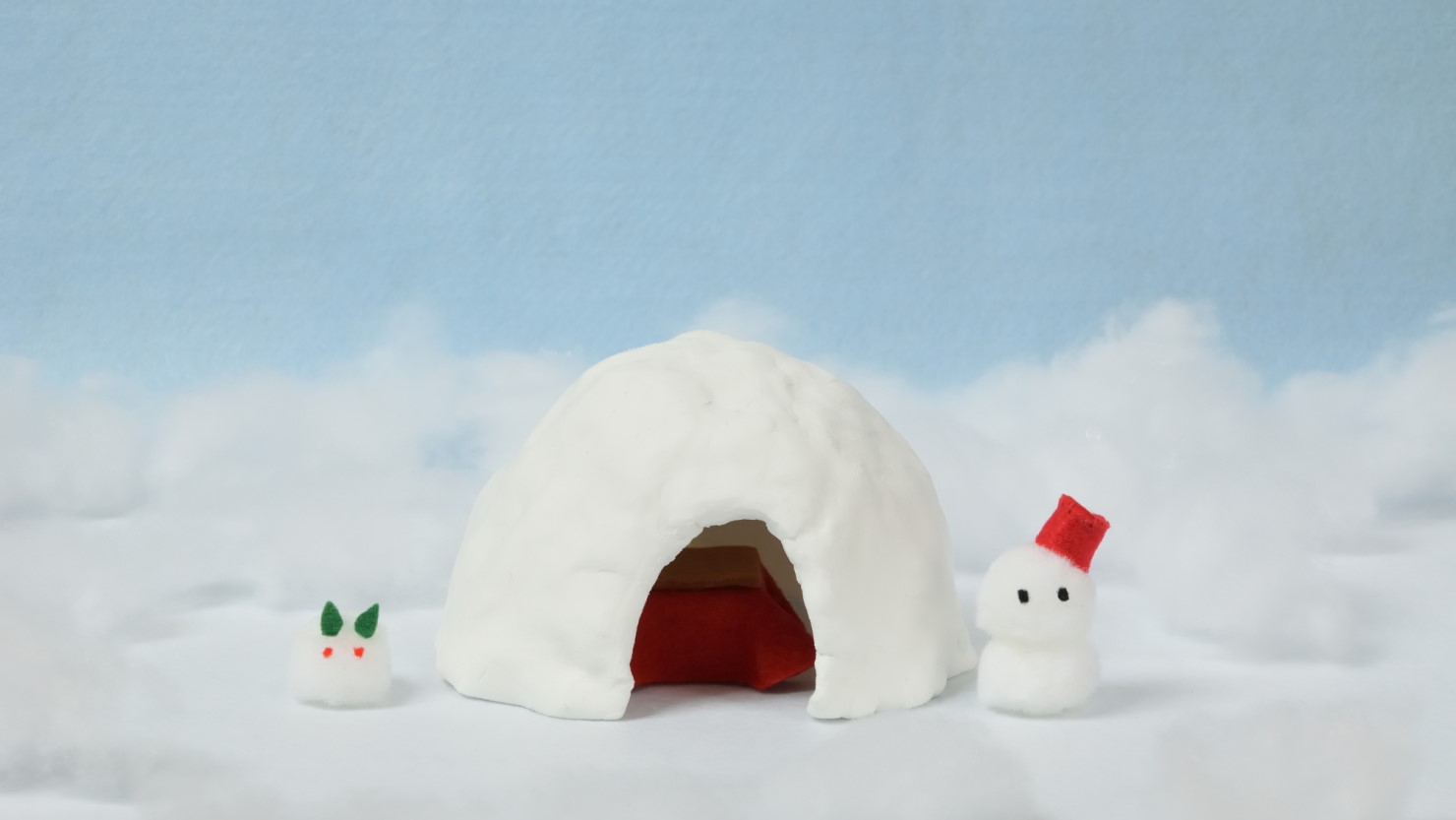 ジオラマ　紙粘土のかまくら　雪だるまと雪うさぎ