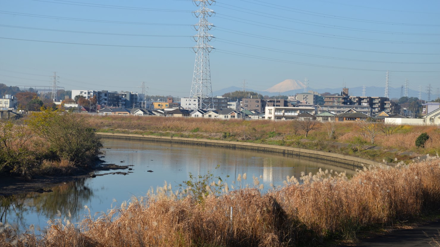 綱島から見た富士山と鶴見川