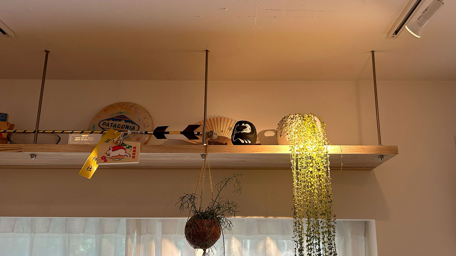 窓の上部に吊戸棚を造作。ライティングレールは初期リノベからついているもの。スポットライトを植物にあてると生育が良くなると聞いて試しているそう