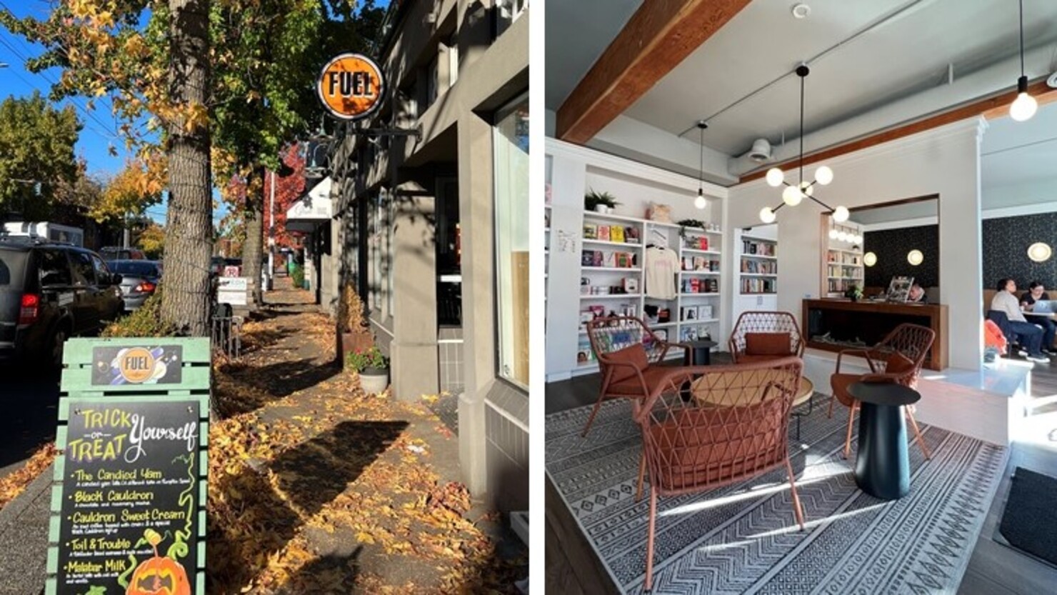 散歩の途中で寄ったモントレイクという住宅街にある「Fuel Coffee」。スタイリッシュなインテリアで、若者や学生に人気。棚には手にとって自由に読める本がたくさん並んでいる © Masami Suzuki