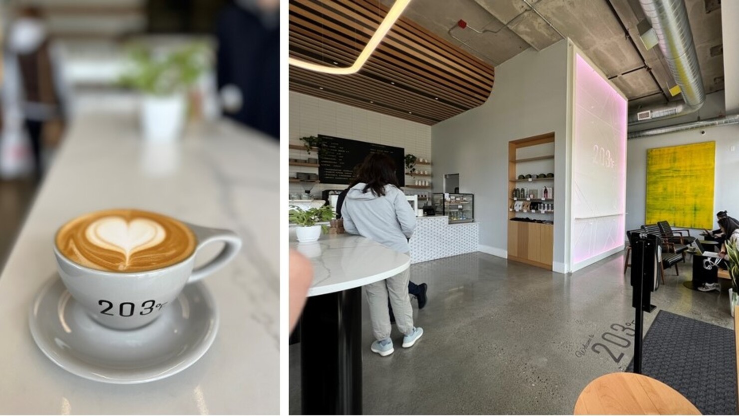 シアトルではまだ新しい「203° Fahrenheit Coffee」。店名の203℉（95℃）はエスプレッソの抽出に最も適した水温から。味やラテ・アートの完成度はもちろん、唇にあたるカップの厚みや取っ手の丸み具合もとことん追求されている  ©Masami Suzuki