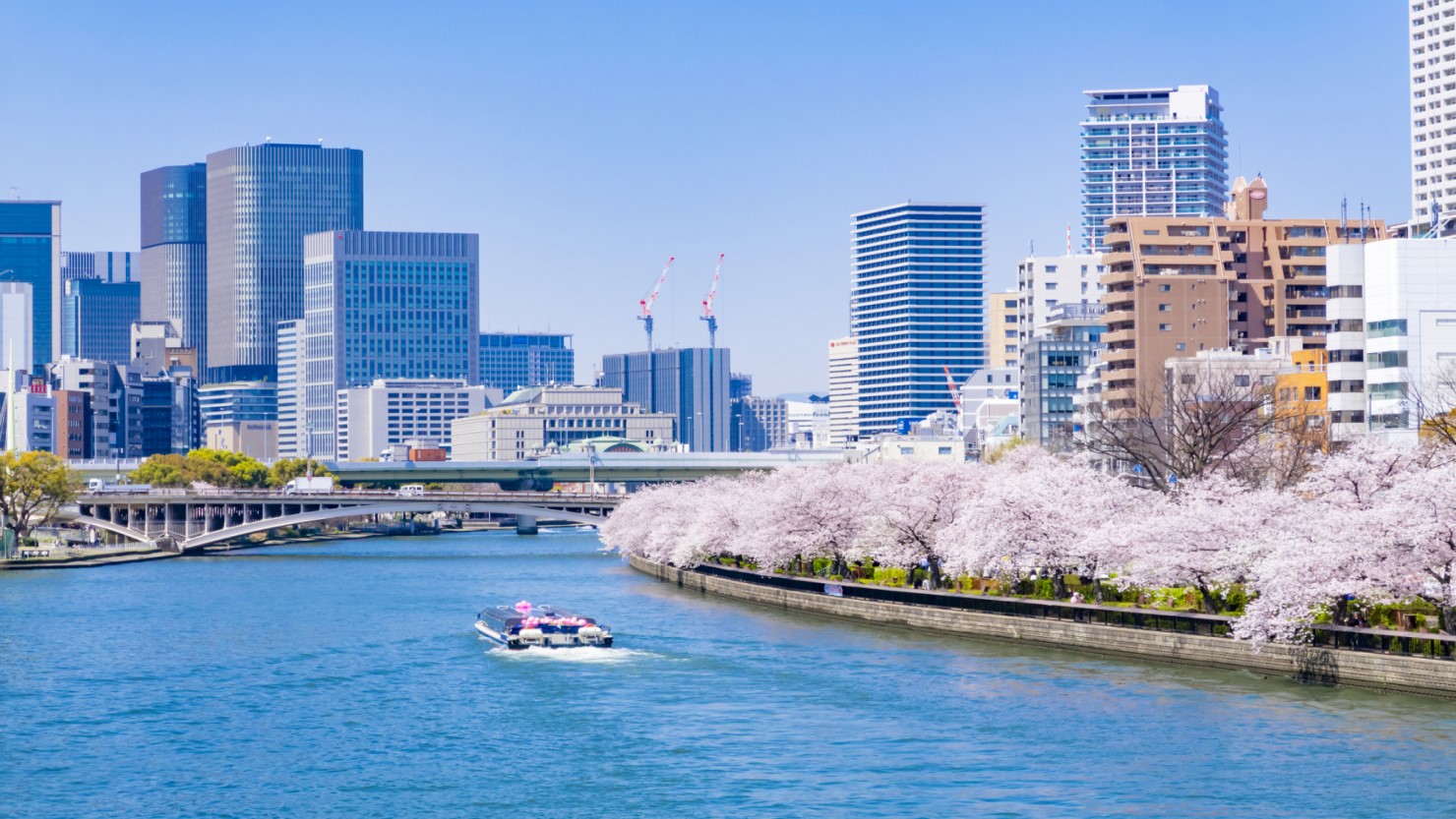 桜の時期の天満橋界隈。花見の客でも賑わいます。川からの景観を考えてつくられた建築物もこのあたりには多いのも特徴