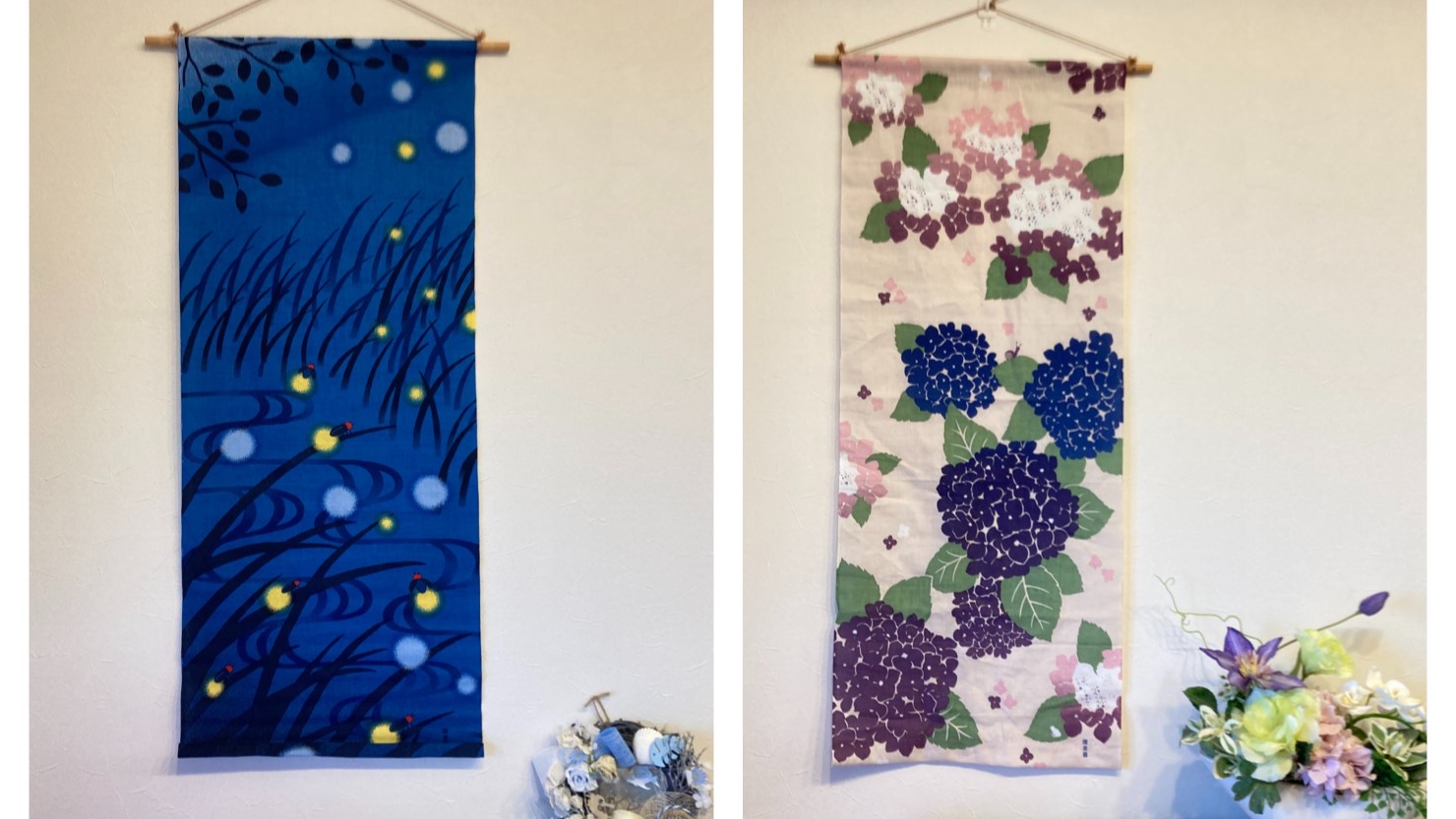 季節を感じるアジサイとホタルの手ぬぐい