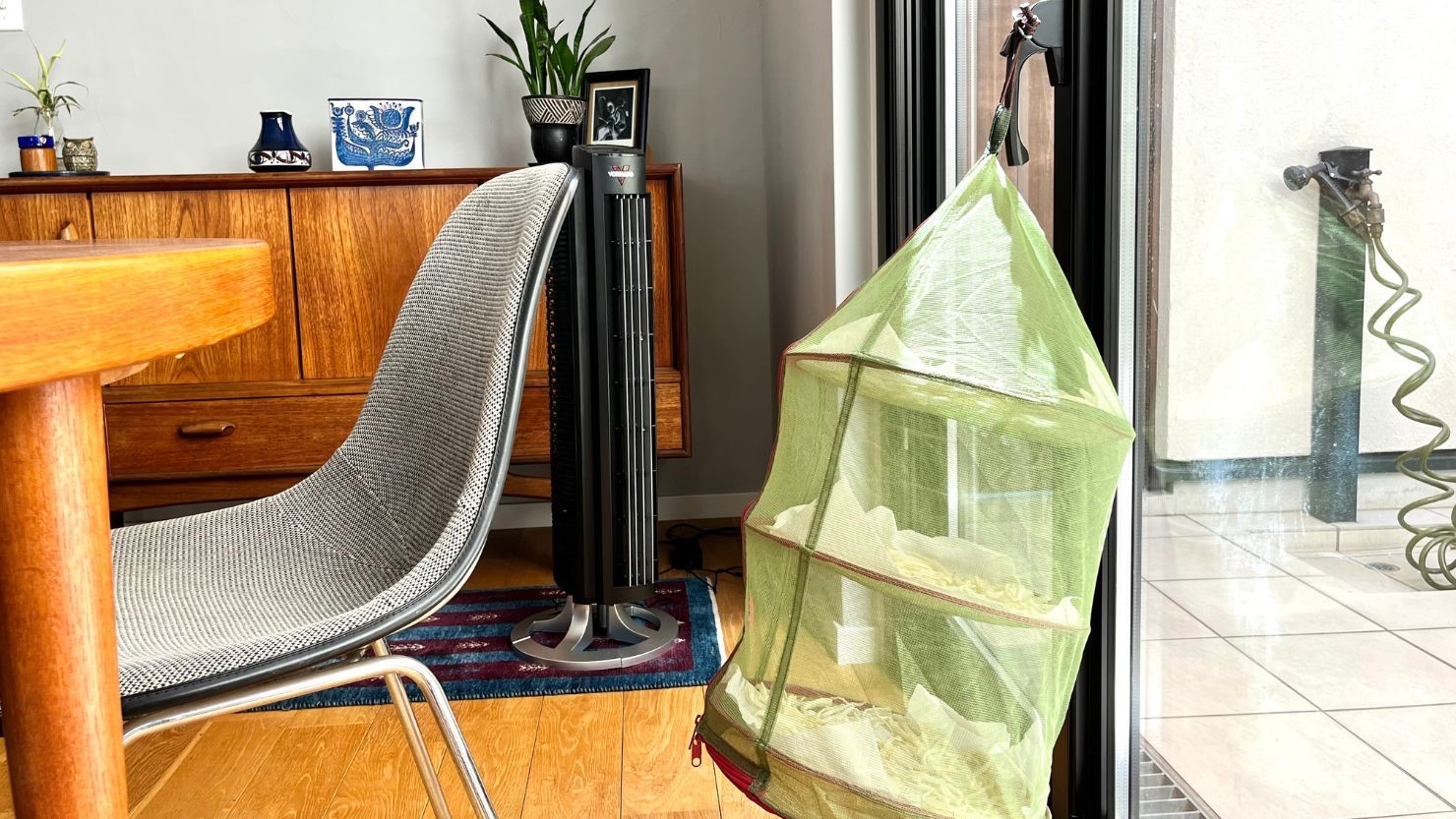 ドライネットとサーキュレーターで室内干し中