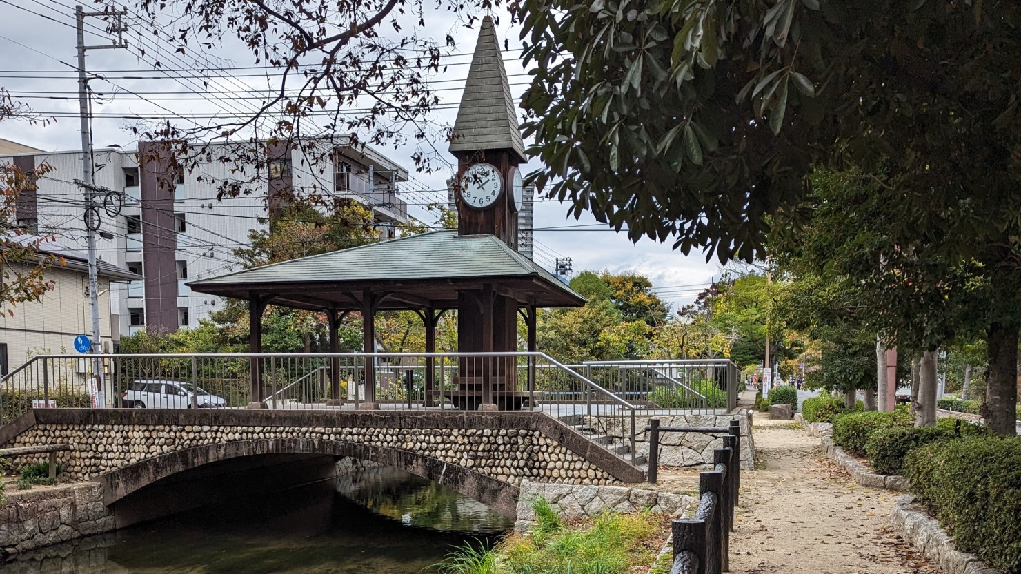 西川緑道公園にある時計塔