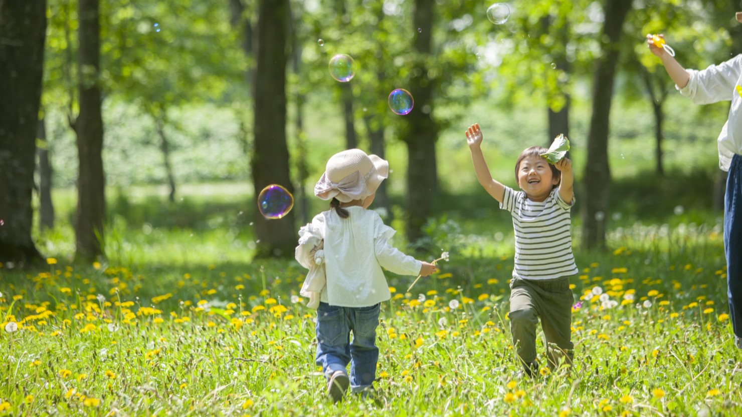 自然の中で子どもたちと遊ぶ様子