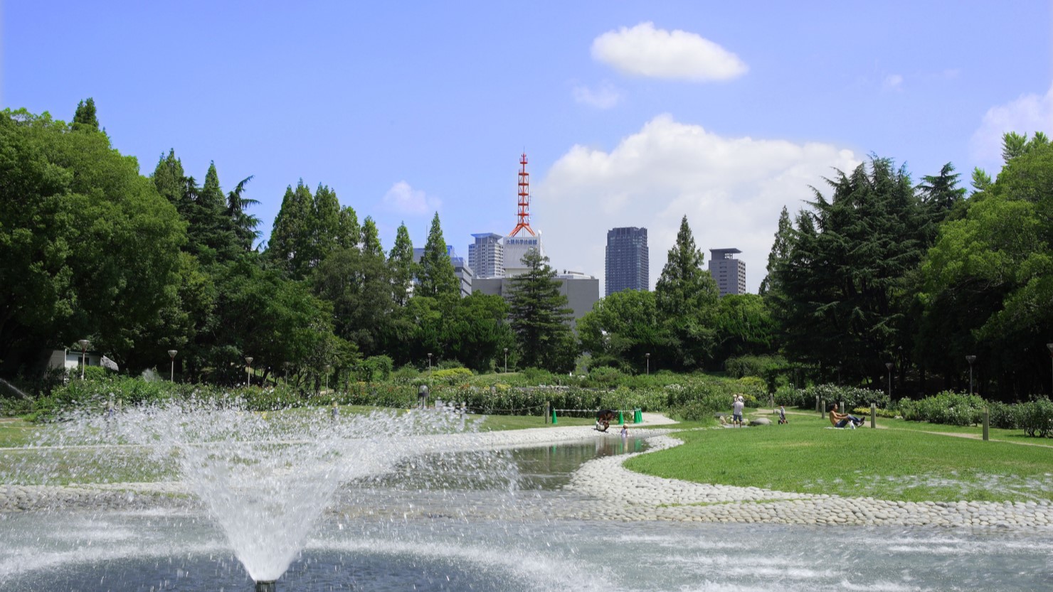 靱公園の噴水前。芝生エリアは憩いの場となっています。春や秋にはピクニックをする家族の姿がよくみられます