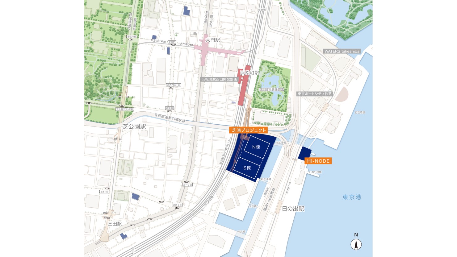 日の出船着場から徒歩圏内にある芝浦プロジェクトの計画地