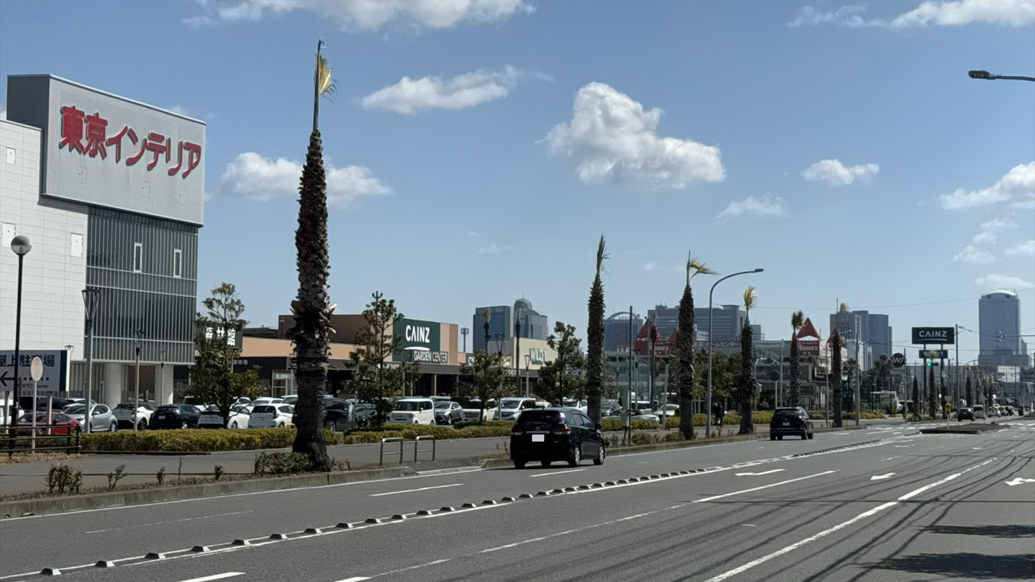 JR新習志野駅近くの大型商業施設群。奥の高層ビル群が幕張新都心