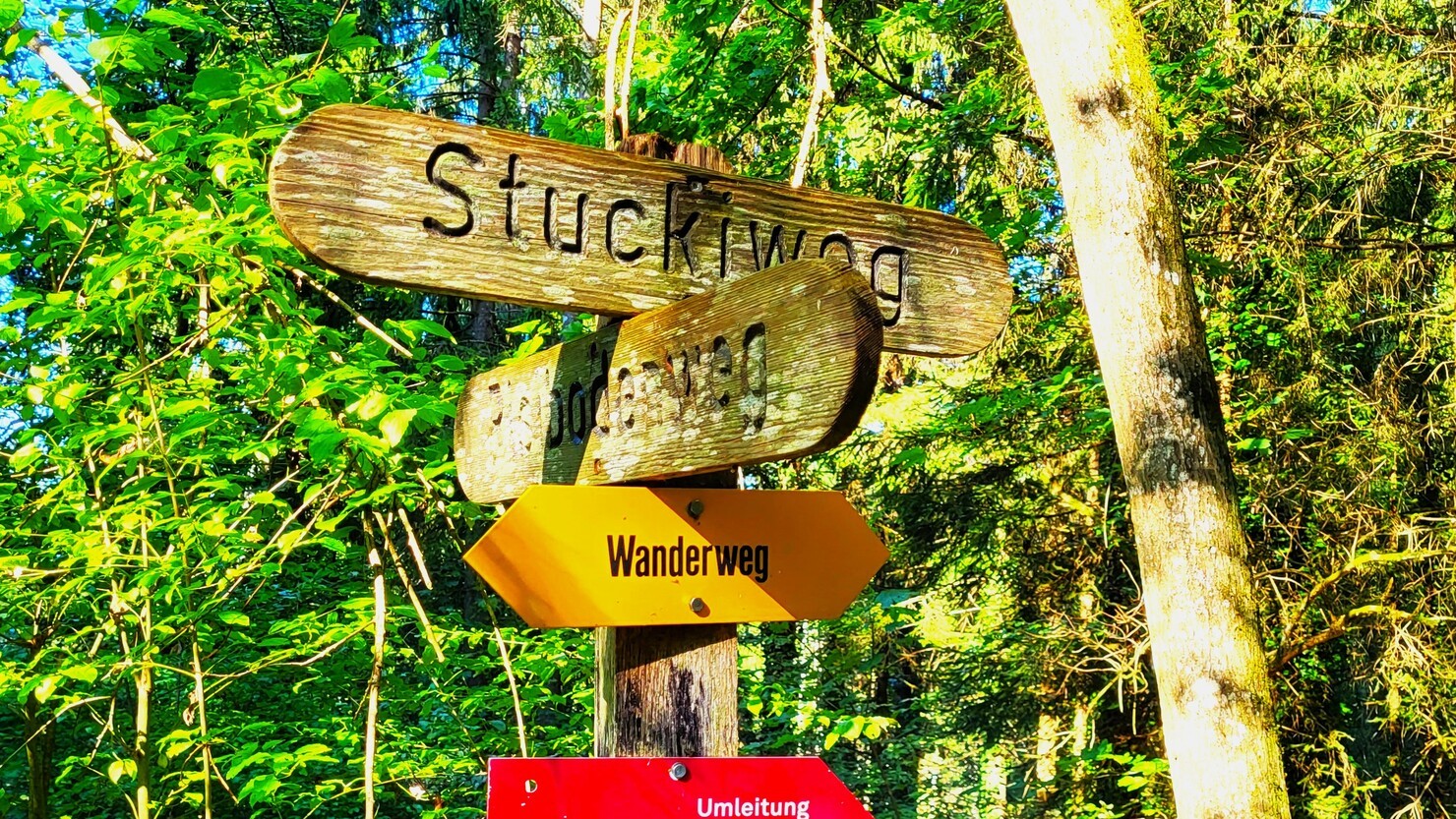 スイスハイキングコース協会の黄色い標識「（一般）ハイキングコース」　© Satomi Iwasawa