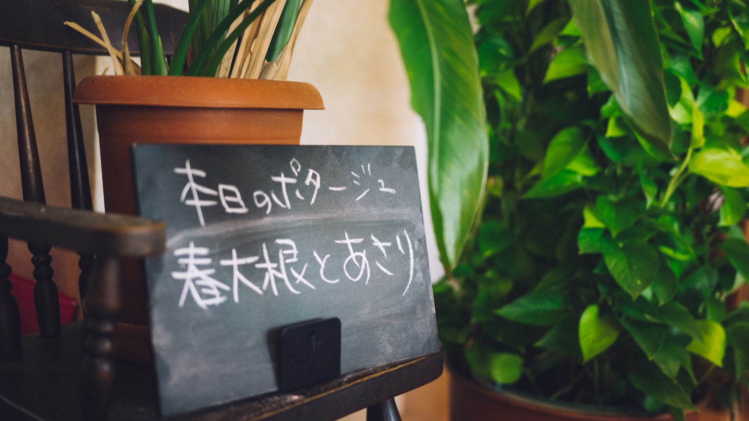 本日のポタージュスープ（単品600円、セット＋400円）。野菜は八幡や滋賀まで足を運び仕入れており、市場ではあまり見られない珍しい野菜をポタージュに使用