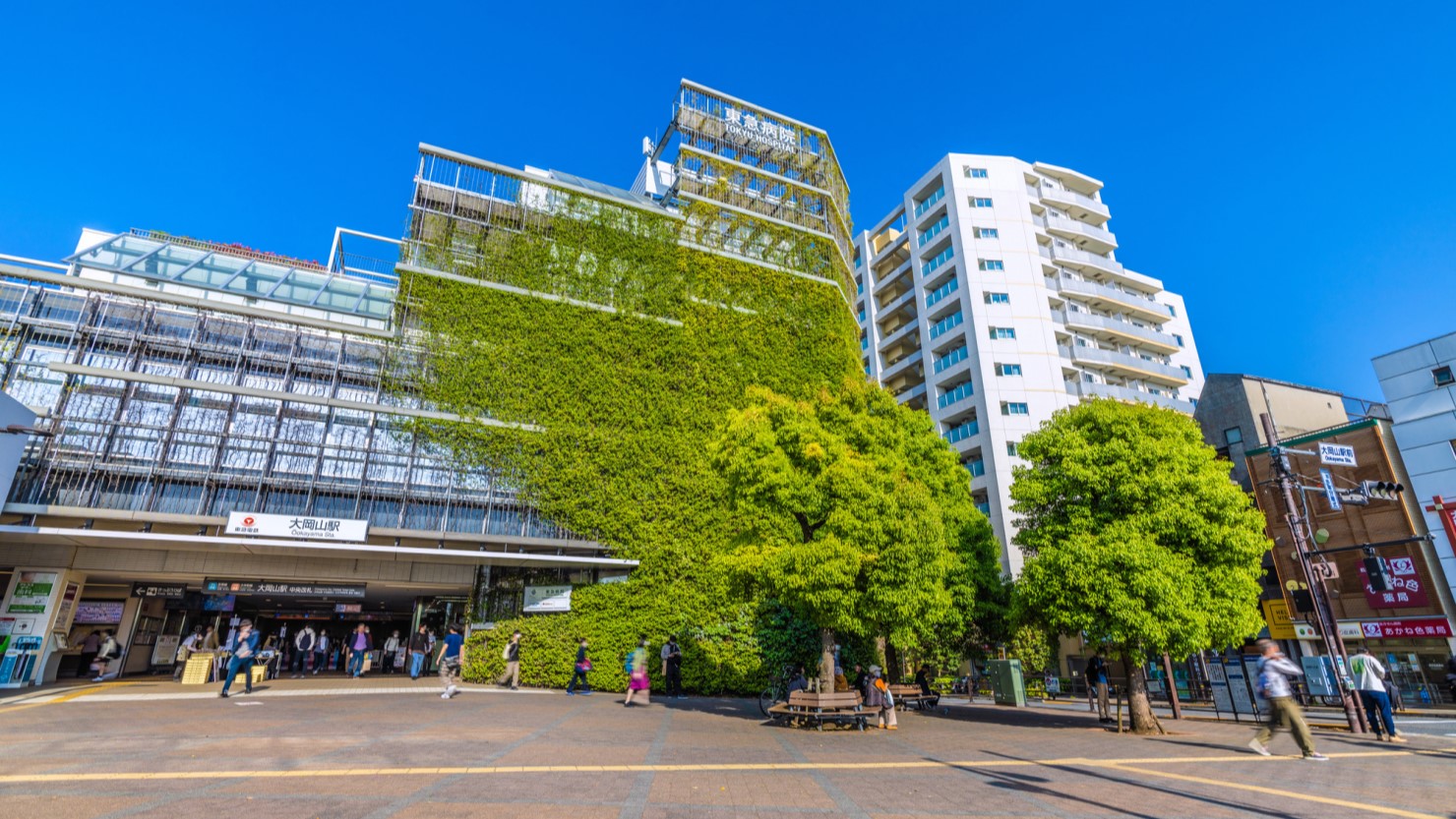 大岡山駅入口と駅上の東急病院