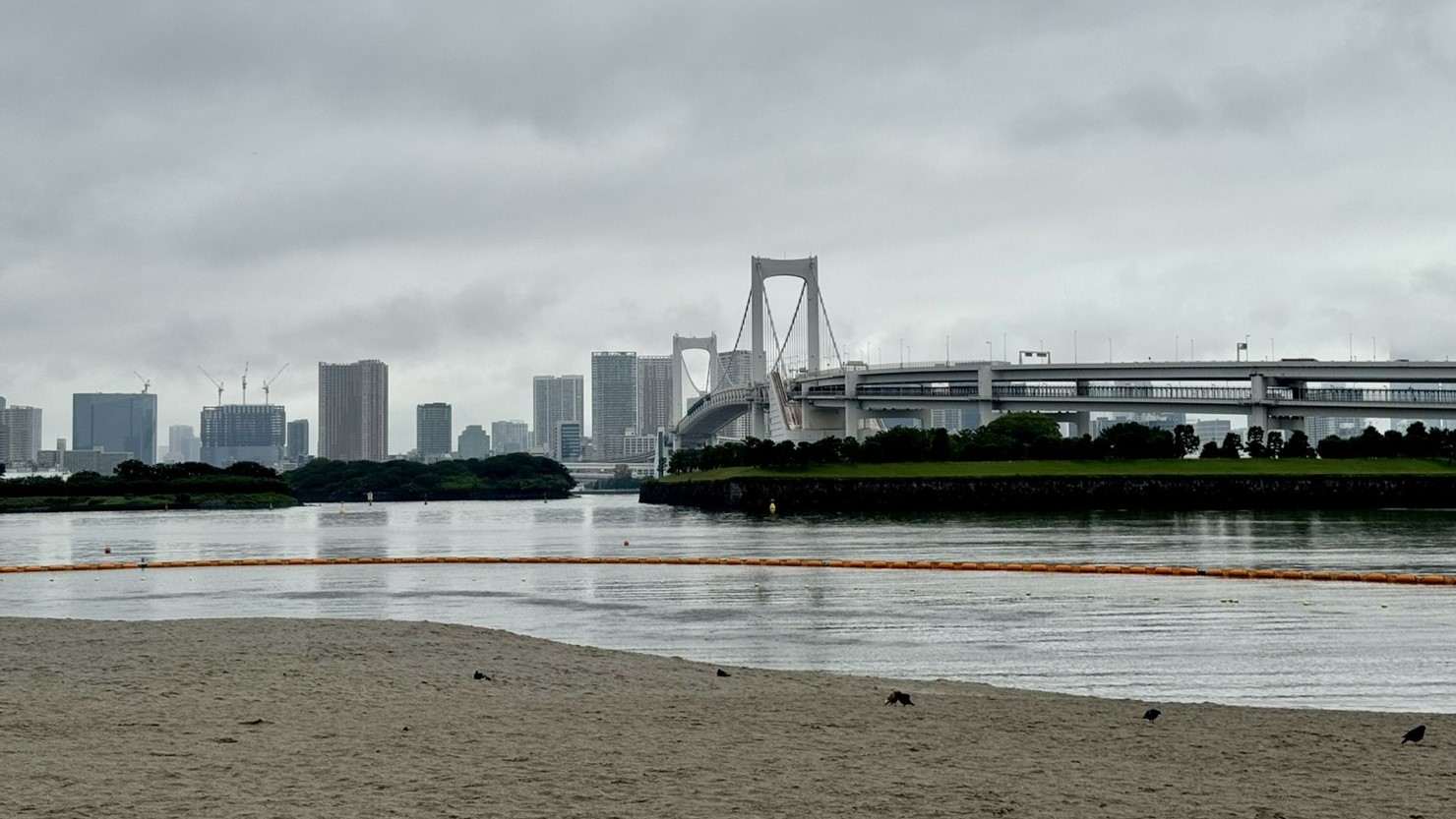 お台場海浜公園からは、レインボーブリッジのほぼ全容を眺められる