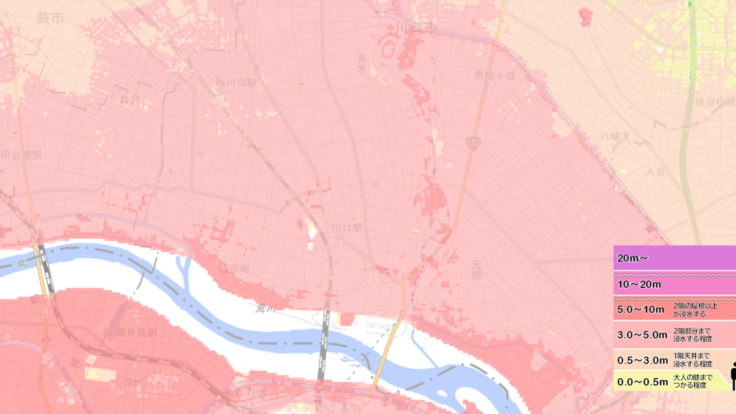 川口駅周辺の洪水ハザードマップ